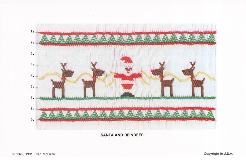 Smocking plate with four reindeer and Santa, 9 rows of smocking.