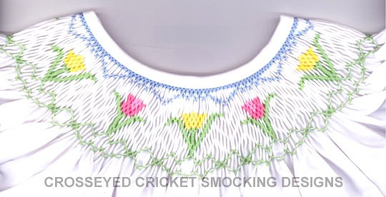 Smocking plate with springtime tulips. 6 rows of smocking on a bishop.