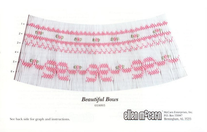 Smocking plate with pink bows and flowers in a geometric design on white pleated fabric. 6 rows on a bishop.