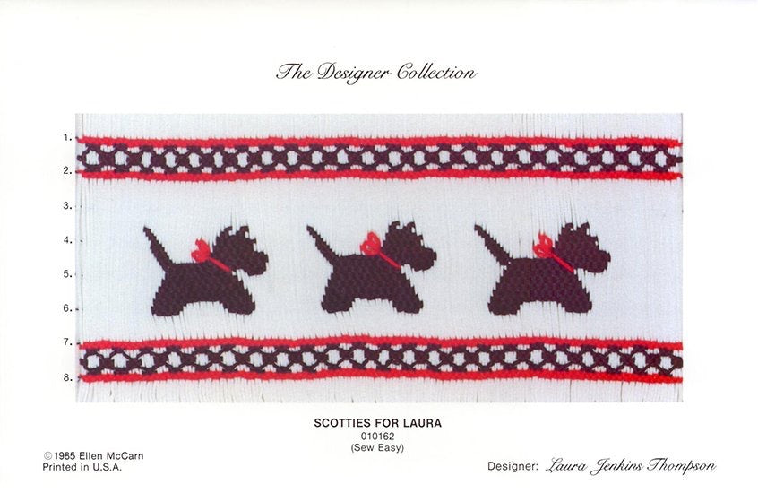 Smocking plate with three scottie dogs, 8 rows of smocking