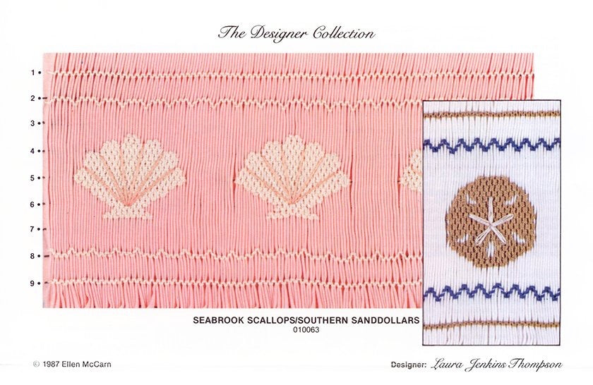 Smocking design for seashells and sand dollars on a pink and white background.
