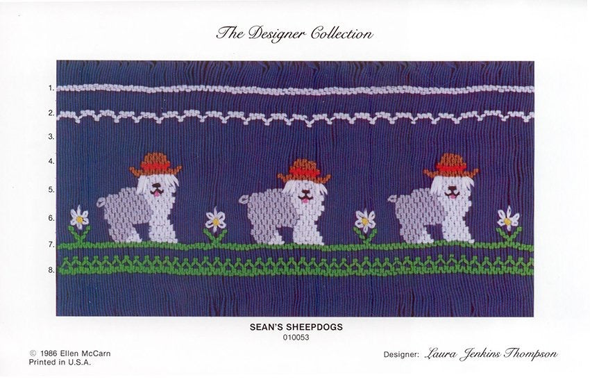 Smocking plate with three sheepdogs in cowboy hats, 8 rows of smocking.