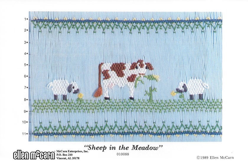 Smocking plate with a cow and two sheep, 11 rows of smocking.