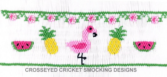 Smocking plate with watermelon & pineapple fruit and a flamingo designed for a yoke. 7.5 rows of smocking on a yoke.