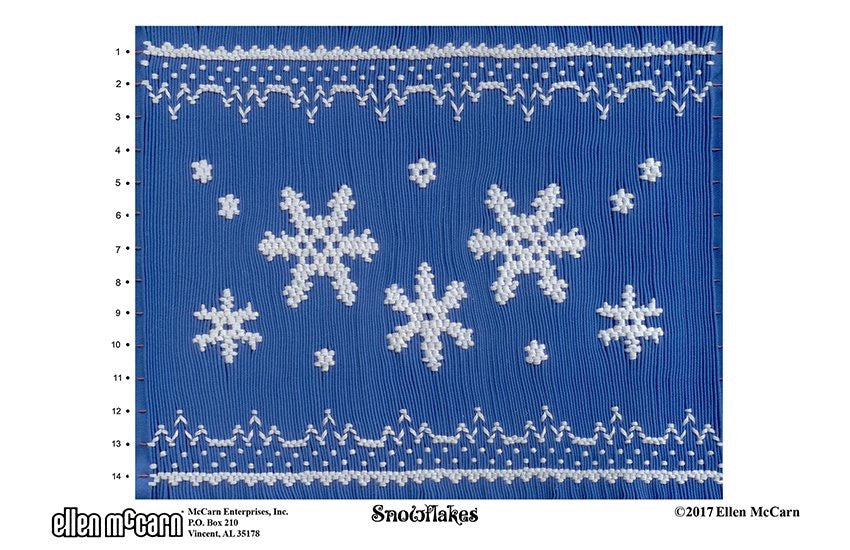 Smocking plate with four different sizes of snowflakes, 14 rows of smocking.