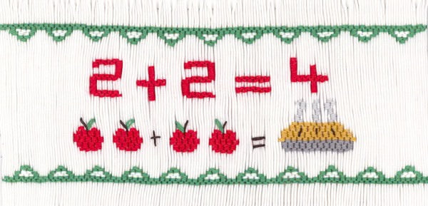 Smocking plate with the equation 2+2=4 with four apples equivalent to pie. 8 rows of smocking on a yoke.
