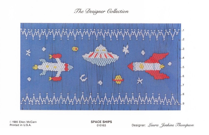 Smocking plate with space ships and stars, 9 rows of smocking.