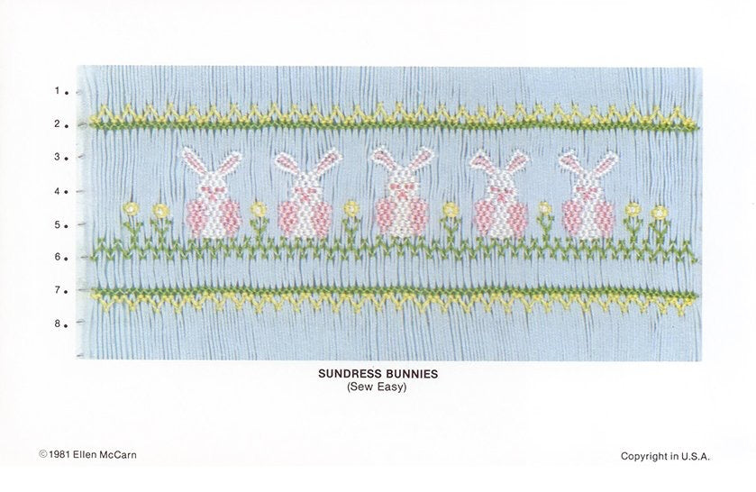 Smocking plate with five bunnies in a row, 6 rows of smocking.