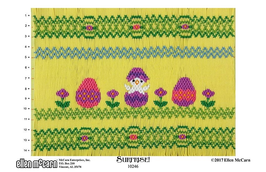 Smocking design for Easter eggs and a hatching chick on a yellow background