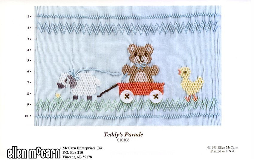 Smocking plate with a teddy bear in a wagon pulled by a sheep and a duck following behind, 10 rows of smocking.