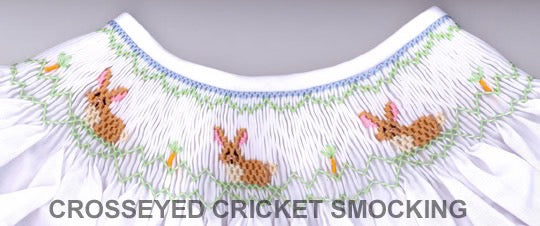 Smocking plate with bunnies and carrots. 5 3/4 rows of smocking on a bishop.