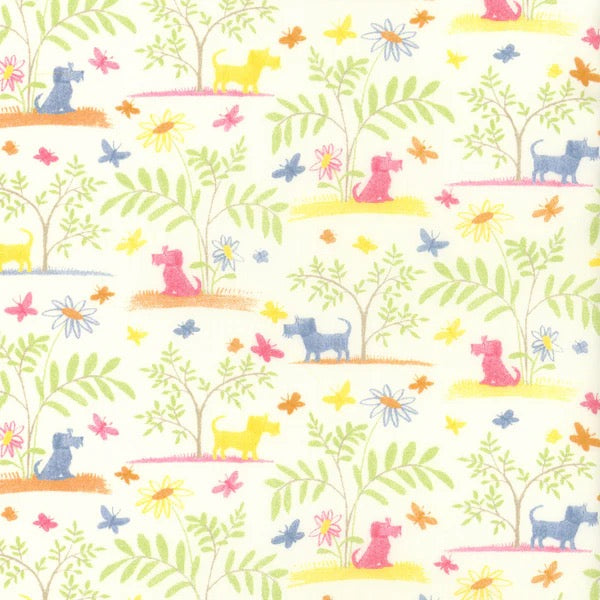 Fairytale dogs and butterflies in pink, blue, and yellow along with a woodland motif.