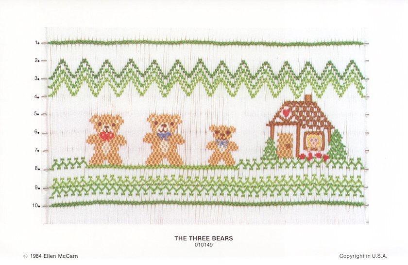 Smocking plate of the three bears with Goldilocks looking out the window of the house, 10 rows of smocking.