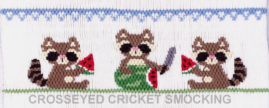 Smocking plate with raccoons eating watermelon. 7 1/2 rows on a yoke.