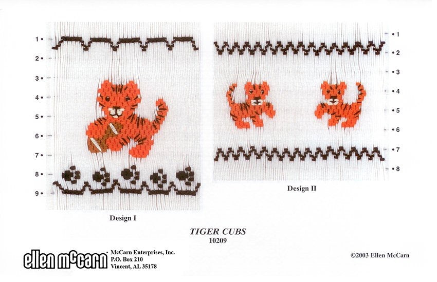 Smocking plate of tiger cubs with and without a football, 8-9 rows of smocking.