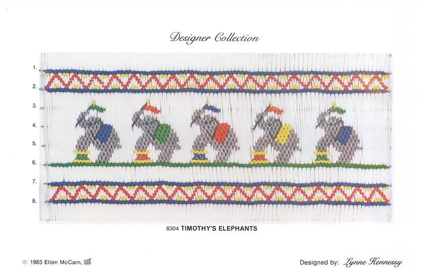 Smocking plate of five circus elephants, 8rows of smocking.