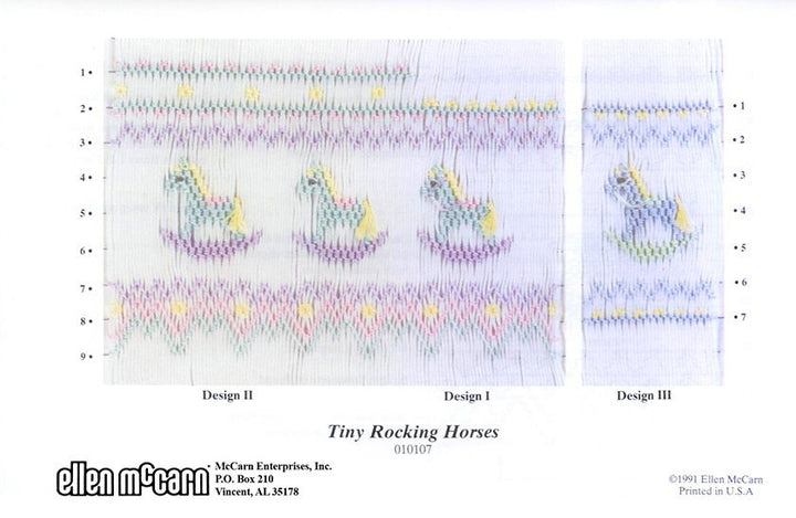 Smocking plate of three rocking horses, 7-9 rows of smocking.