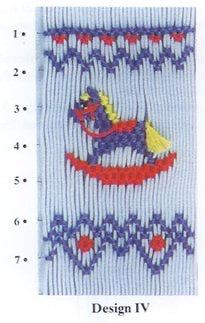 Smocking plate of three rocking horses, 7-9 rows of smocking.