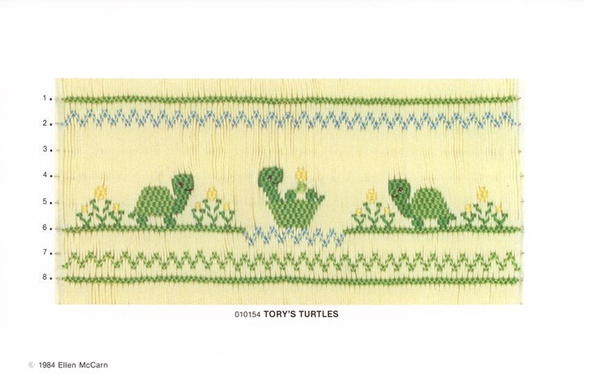 Smocking plate with three turtles, 8 rows of smocking.