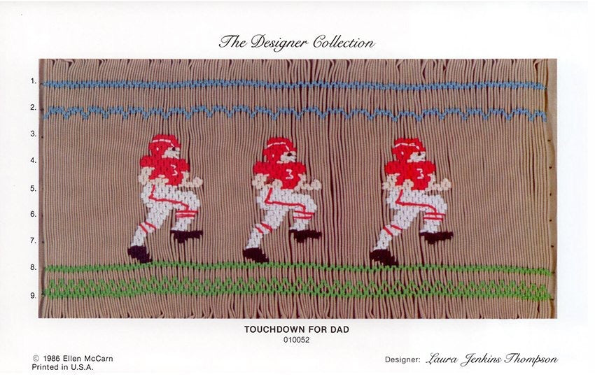 Smocking plate with three football players, 9 rows of smocking.