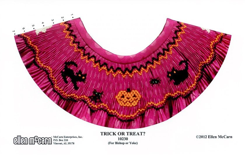 Smocking plate with a Halloween theme with cats, pumpkin and spiders. 7 rows of smocking