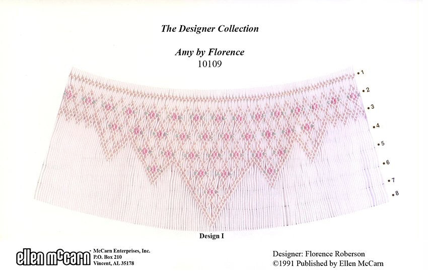 8 rows of smocking in ecru pink and green on a bishop.