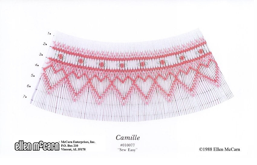 Smocking plate with a simple geometric design with hearts smocked in pinks and accented with green leaves on white pleated fabric and has 6 rows of smocking