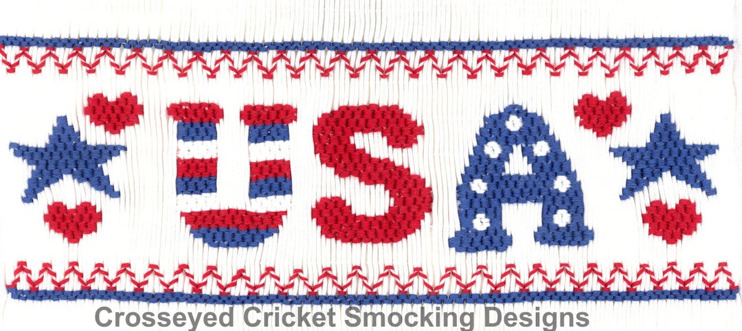 Smocking design with 'USA' letters and patriotic elements on a white background.