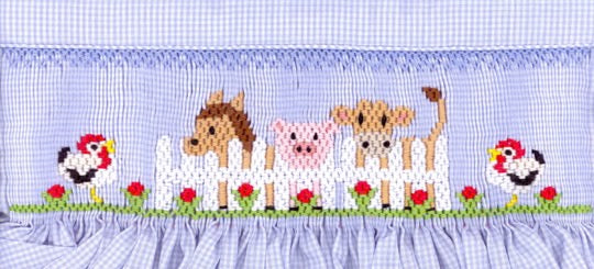 Smocking plate with farm animals behind a white fence. 7 rows of smocking on a yoke.