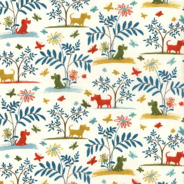 Fairytale dogs and butterflies in sage, mustard, and burnt orange with a woodland motif.