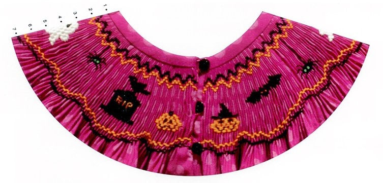 Smocking plate with a Halloween theme with cats, pumpkin and spiders. 7 rows of smocking