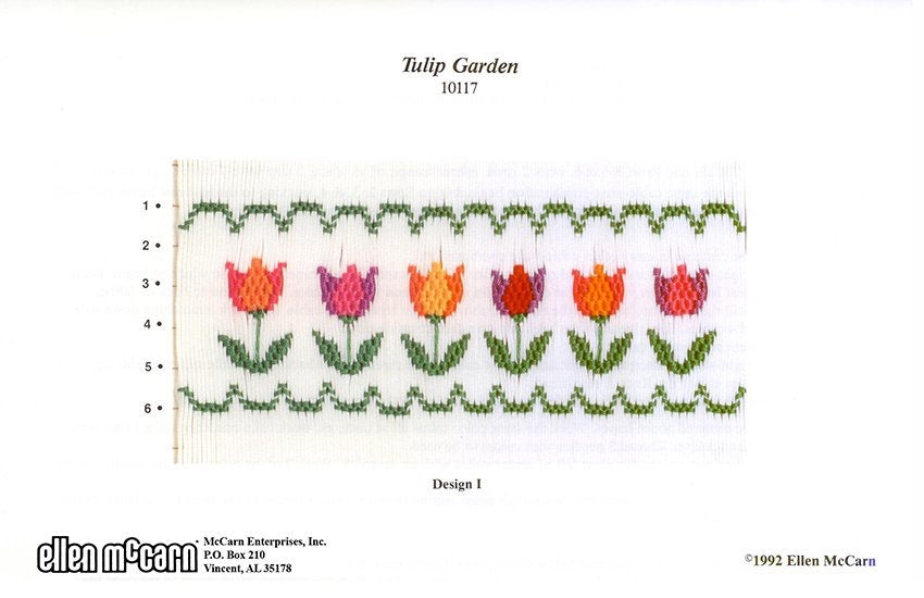 Smocking plate with six tulips, 6-8 rows of smocking.