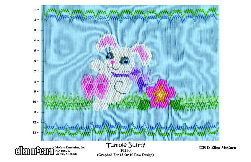 Smocking plate with a bunny and a flower, 13 rows of smocking.