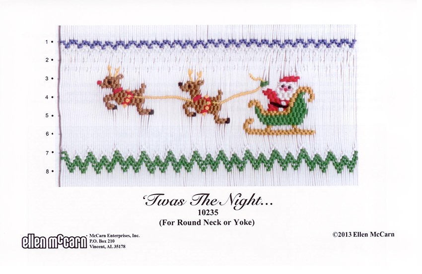 Smocking plate with Santa in his sleigh pulled by three reindeer, 8 rows of smocking.