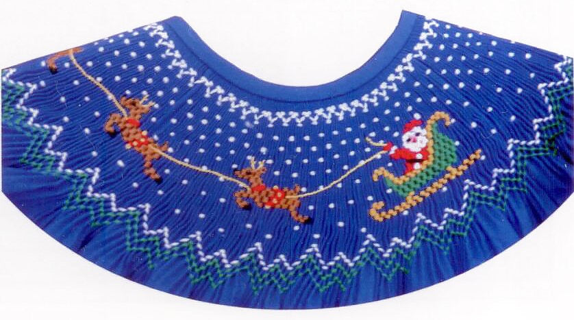Smocking plate with Santa in his sleigh pulled by three reindeer, 8 rows of smocking.