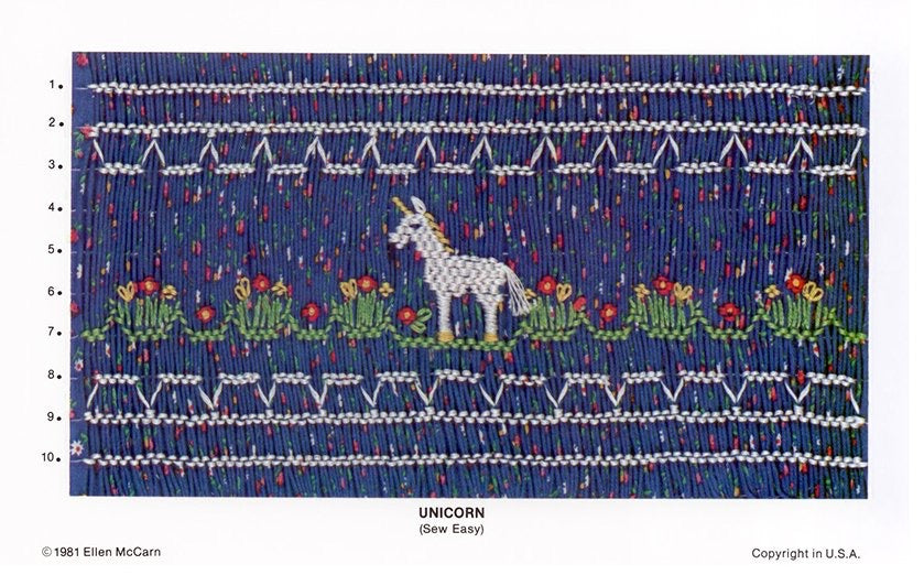 Smocking plate with a unicorn in a field of flowers, 10 rows of smocking.