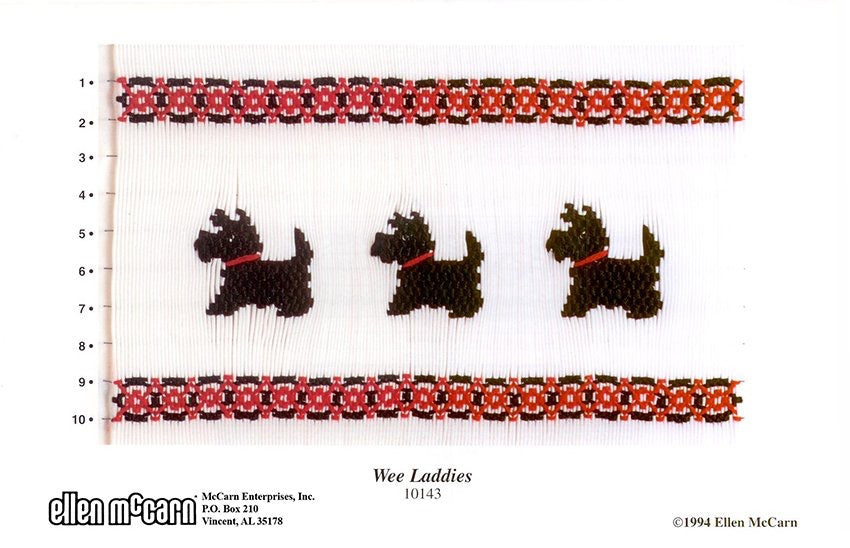 Smocking plate with three scottie dogs, 10 rows of smocking.