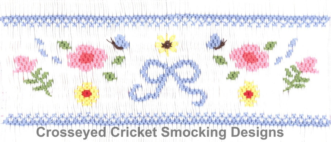 Decorative border with flowers, birds, and text 'Crosseyed Cricket Smocking Designs'.