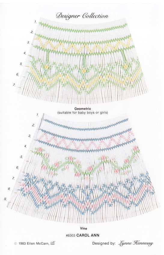 Smocking plate with 2 geometric designs in yellow green pink and blue on white pleated fabric.  7-9 rows of smocking

