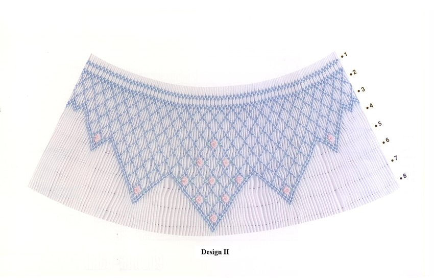 8 rows of smocking in blue and pink on a bishop with a white background