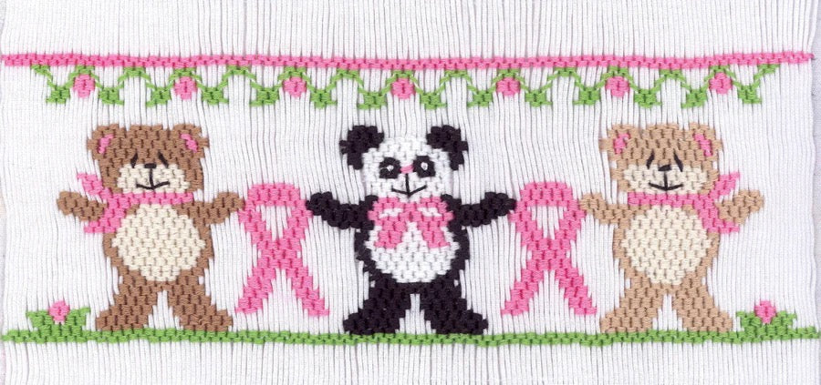Three bears holding pink ribbons with a panda in the center, set against a white background with decorative elements.