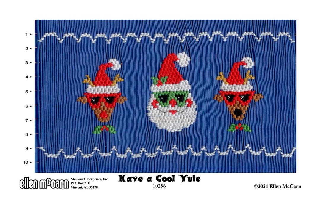 Smocking designs with Santa and two reindeer in sunglasses and text 'Have a Cool Yule' on a blue background.