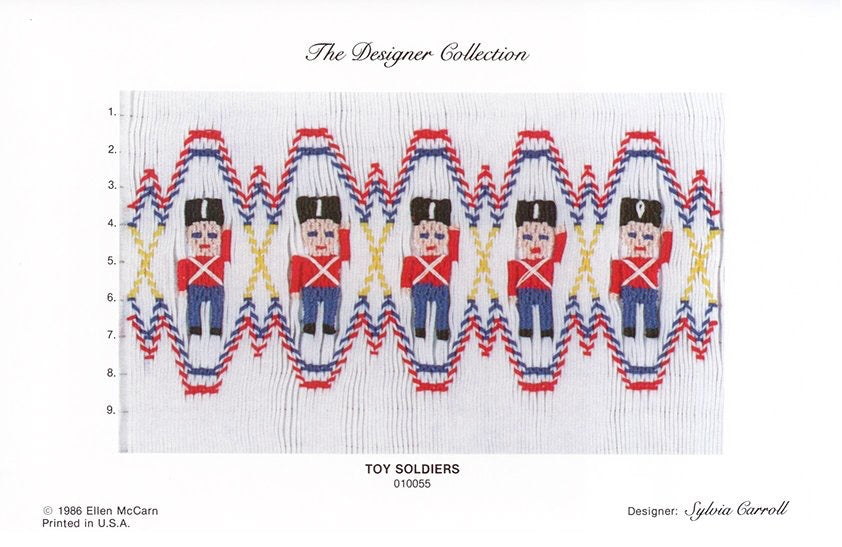 Smocking plate with five toy soldiers, 9 rows of smocking.