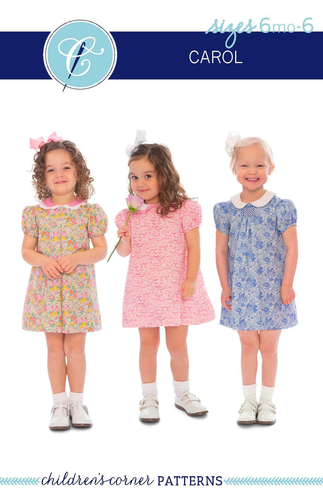 Three children wearing floral dresses with a brand logo at the top.