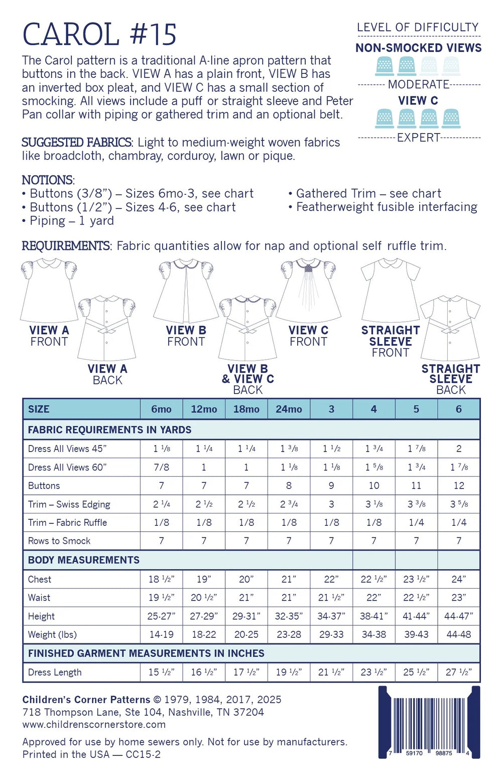 Patterned fabric with sewing instructions and measurements for a children's apron.