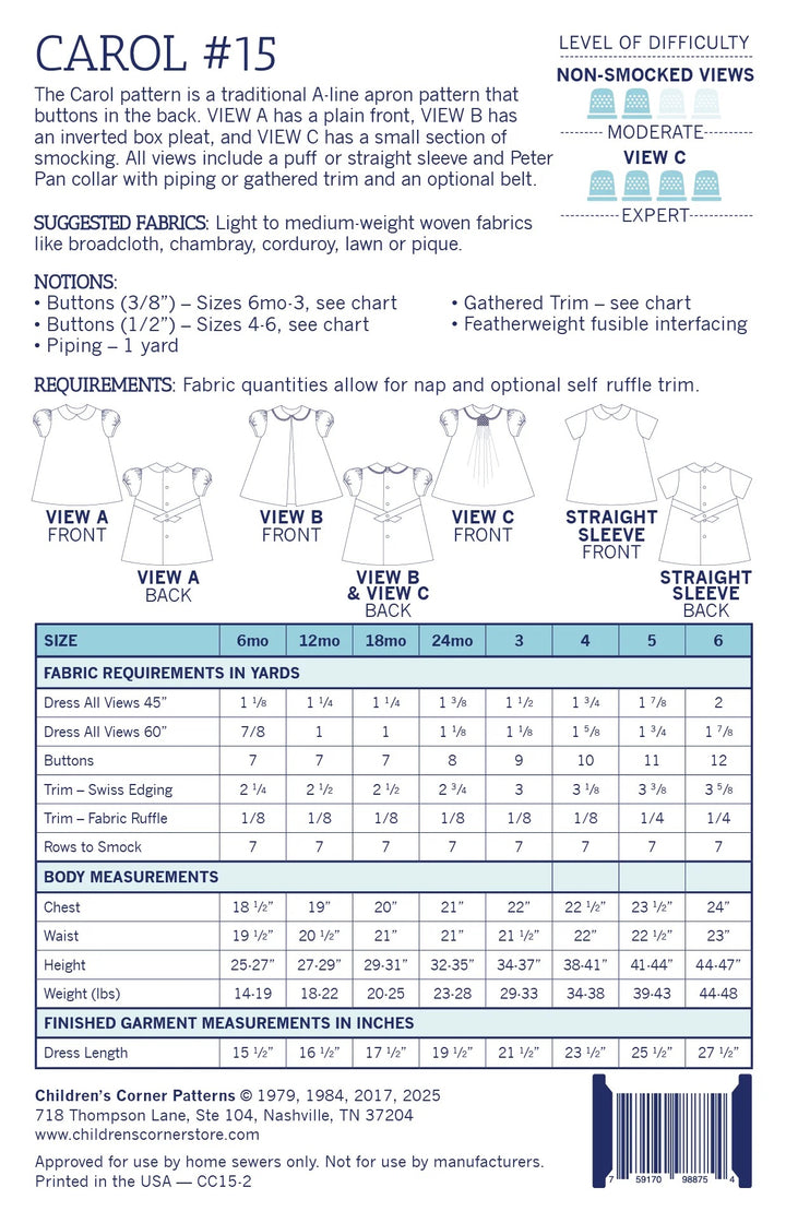 Patterned fabric with sewing instructions and measurements for a children's apron.