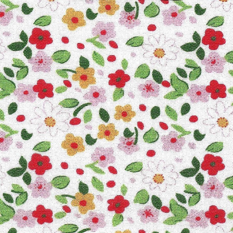 Floral pattern with red, yellow, and green flowers on a white background