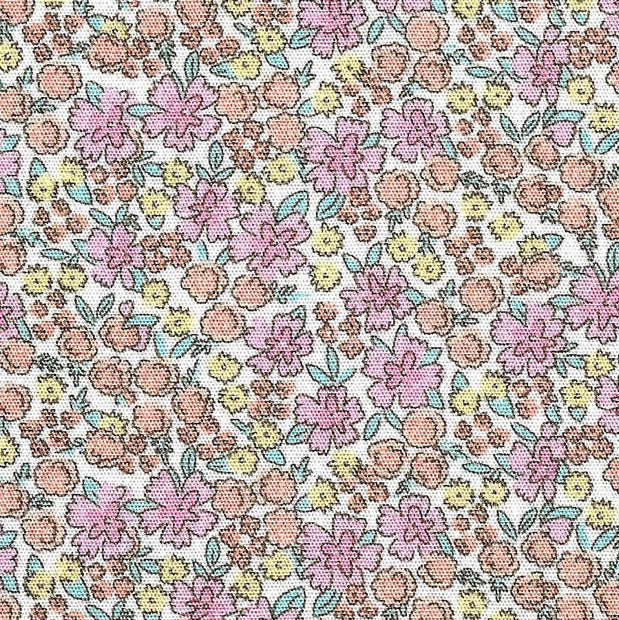 Pattern of small pink and yellow flowers on a white background