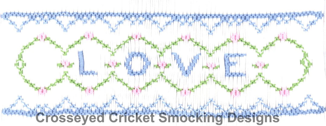 Decorative border with 'LOVE' text and smocking design, featuring colors blue, green, and pink.