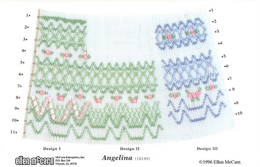 Smocking plate with three variations of a geometric designs. 6-11 rows of smocking in green pink and blue on a white bishop.